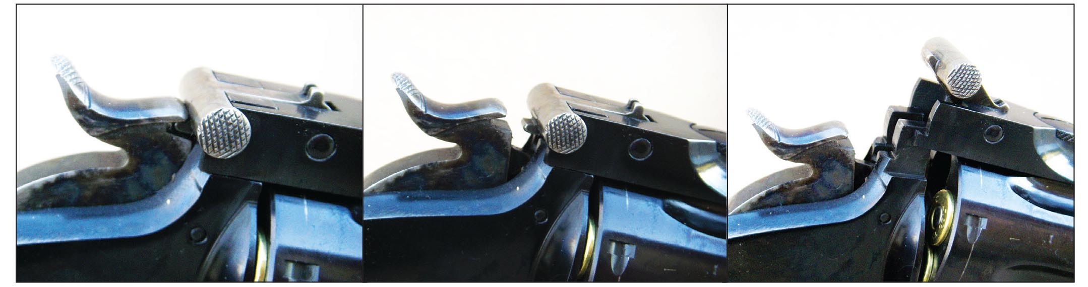 With the hammer in the down position, the action cannot open. With the hammer pulled back to the first notch, the action can be opened to load and unload by pulling the locking latch upward.